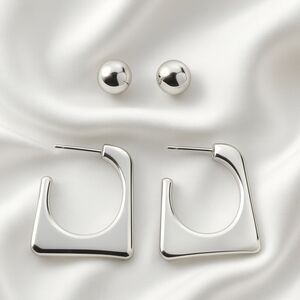 Silver Geometric Hoop & Stud Earrings Set – Modern Minimalist Fashion Jewelry
